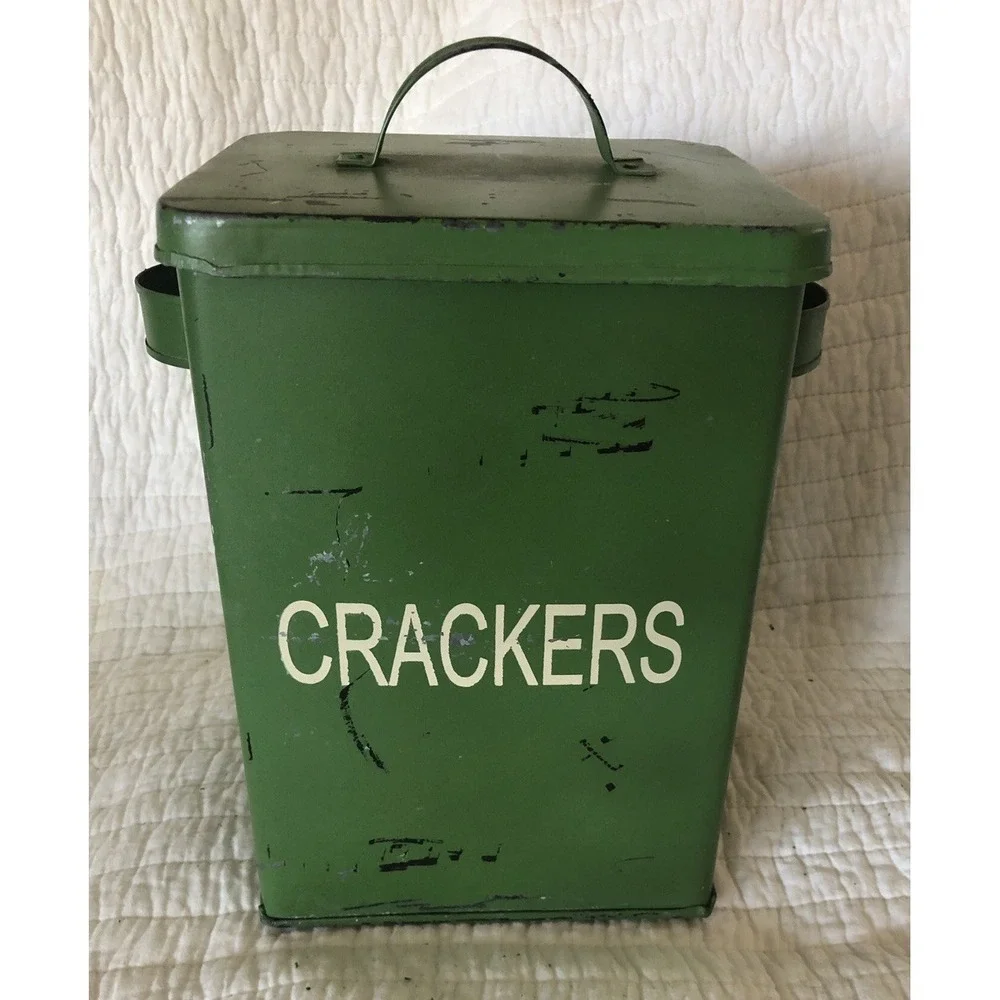 VTG Two's Company Green Metal Canisters Bread, Crackers & Biscuits Farmhouse